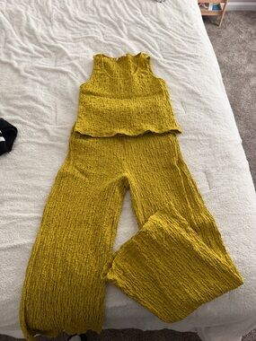 Crinkled Wide-Leg Pant Set in Mustard - Sleeveless Top & Pants
